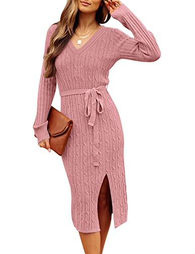 MEROKEETY Cable Knit V‑Neck Midi