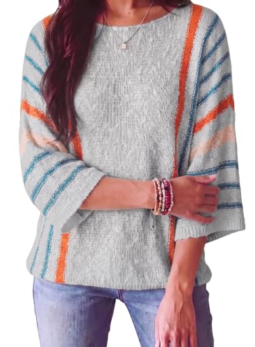 Dokotoo Womens 2023 Cute Summer Fall Color Block Striped Lightweight Comfy Cable Knit Beach Pullover Sweaters