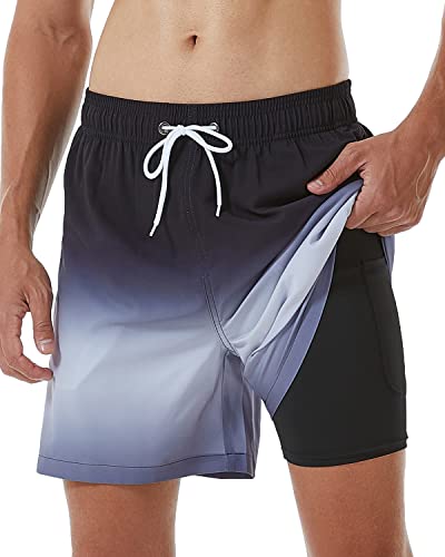 SILKWORLD Mens Swimming Trunks with Compression Liner 2 in 1 Quick-Dry Swim Shorts with Zipper Pockets