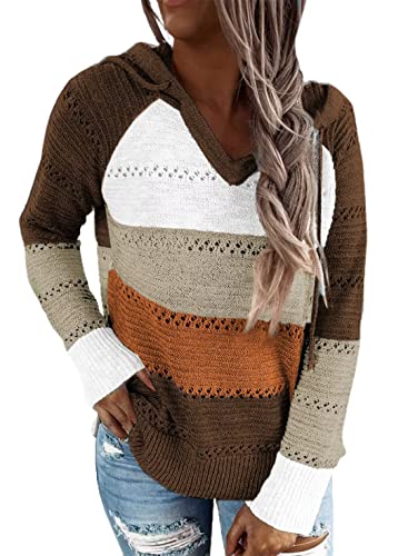 BLENCOT Women Color Block Hooded Crochet Striped Sweaters Lightweight Drawstring Hoodies Pullover Trendy Sweatshirts