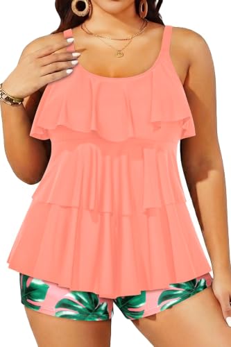 Yonique Women's Plus Size Tankini Swimsuits with Shorts Two Piece Bathing Suits Ruffle Swimsuits Tummy Control Swimwear