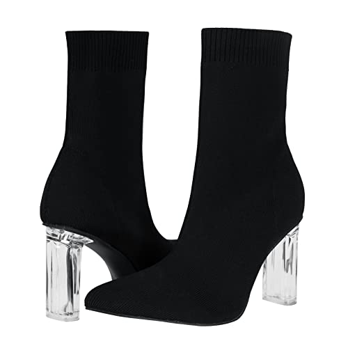 Shoe'N Tale Women's Knit Sock Ankle Boots Pointed Toe Clear Mid Heel Slip-on Stretch Booties Shoes