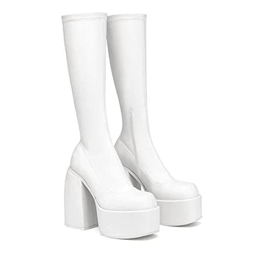 VOMIRA Ankle Boots for Women Chunky High Heel Sqaure Toe Side Zipper Pu Leather Stretch Boots Platform GoGo boots