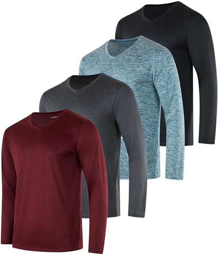 Real Essentials 4 Pack: Men's Dry Fit Long Sleeve V-Neck Active T-Shirt - Athletic Outdoor UPF 50+ (Available in Big & Tall)