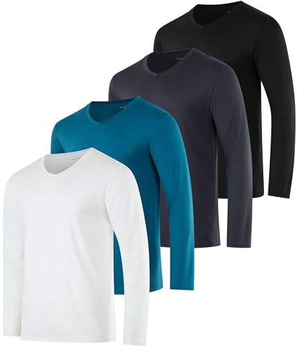 Real Essentials 4 Pack: Men's Dry Fit Long Sleeve V-Neck Active T-Shirt - Athletic Outdoor UPF 50+ (Available in Big & Tall)