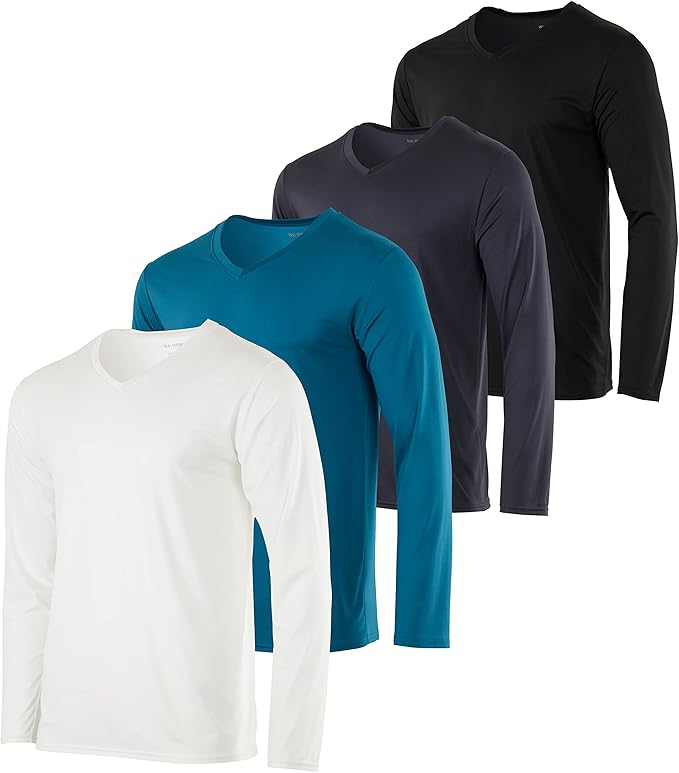 Real Essentials 4 Pack: Men's Dry Fit Long Sleeve V-Neck Active T-Shirt - Athletic Outdoor UPF 50+ (Available in Big & Tall)