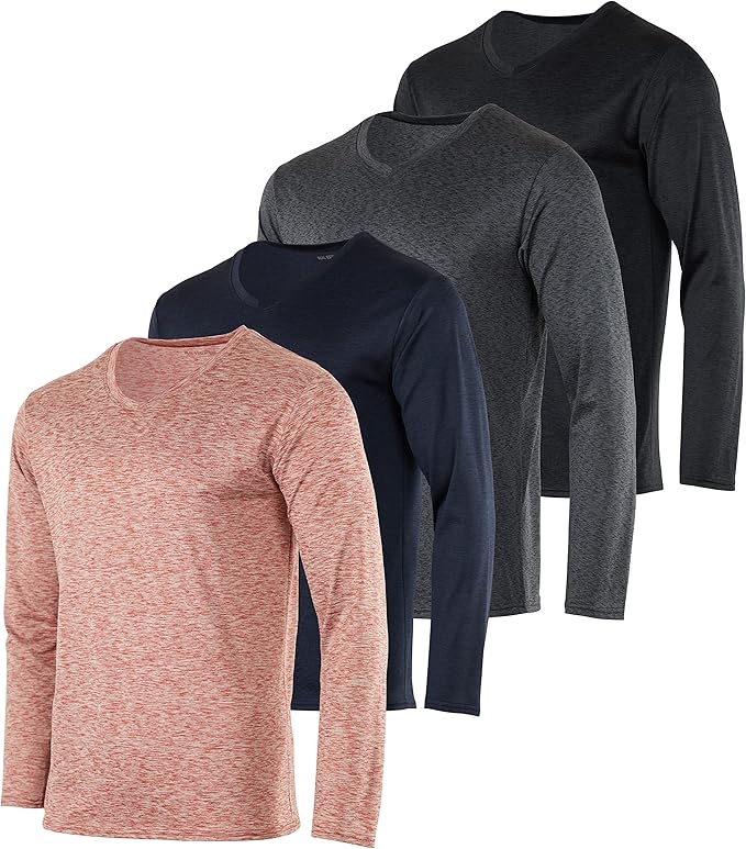 Real Essentials 4 Pack: Men's Dry Fit Long Sleeve V-Neck Active T-Shirt - Athletic Outdoor UPF 50+ (Available in Big & Tall)