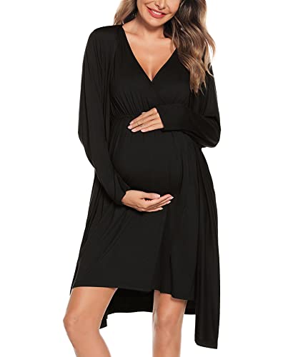 SWOMOG Women Maternity Nursing Gown and Robe Set 3 in 1 Labor Delivery Nursing Nightgown for Breastfeeding Hospital Bathrobe