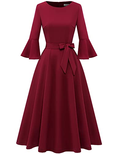 HomRain Women's Church Dresses for 2025 Wedding Guest Cocktail Tea Party Bell Sleeve Vintage Evening Graduation Dress