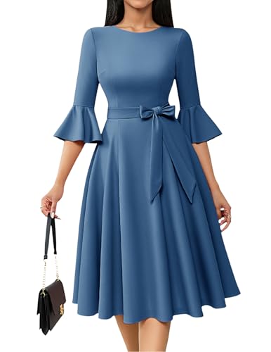 HomRain Women's Church Dresses for 2025 Wedding Guest Cocktail Tea Party Bell Sleeve Vintage Evening Graduation Dress