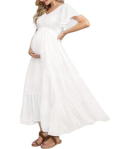 Swiss Dot Smocked Maternity Dress for Baby Shower Photoshoot Casual V Neck Ruffle Sleeve Empire Waist Tiered Boho Dress