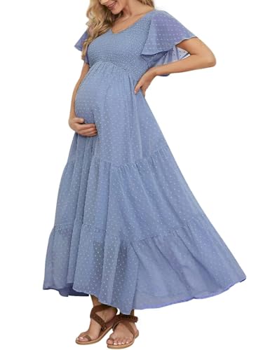 Swiss Dot Smocked Maternity Dress for Baby Shower Photoshoot Casual V Neck Ruffle Sleeve Empire Waist Tiered Boho Dress