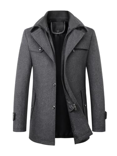 INVACHI Men's Wool Blend Coat Warm Winter Trench Coat with Detachable Soft Scarf Single Breasted Pea Coat