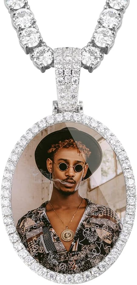YIMERAIRE Customized Picture Necklace 18k Gold Plated Black/Gold/Silver Personalized Circle Chain Picture Dog Tag Pendant CZ Zicronia Custom Photo Pendant for Men Women