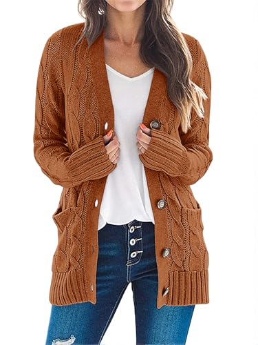MEROKEETY Women's 2025 Fall Long Sleeve Cable Knit Sweater Open Front Cardigan Button Loose Outerwear