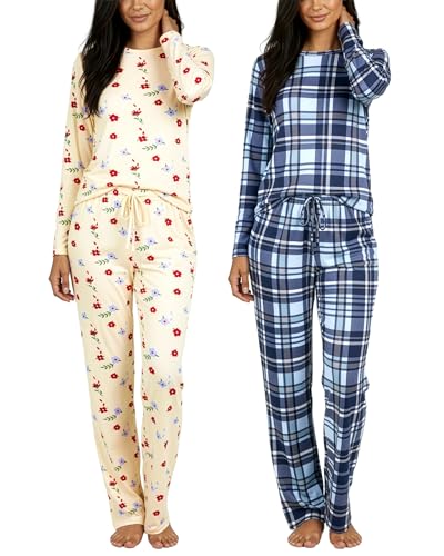 Real Essentials 2 Pack: Women's Comfy Pajama Sets - Short & Long Sleeve Ladies Loungewear Sleepwear PJs (Available In Plus)