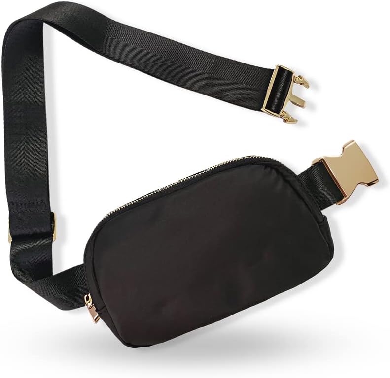 Boutique Belt Bag | Crossbody Bag Fanny Pack for Women Fashionable | Cute Mini Everywhere Bum Hip Waist Pack | Small Fashion Travel Chest Bag | Gold Accessories | Adjustable Extended Strap | Black