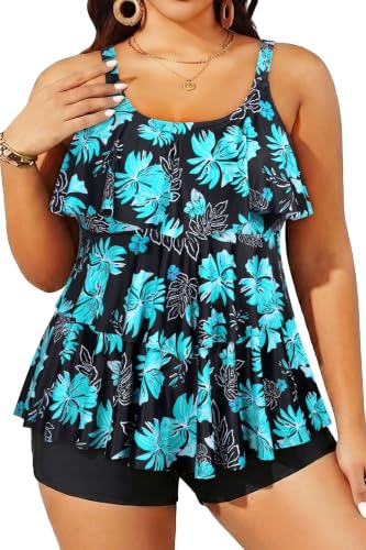 Yonique Women's Plus Size Tankini Swimsuits with Shorts Two Piece Bathing Suits Ruffle Swimsuits Tummy Control Swimwear