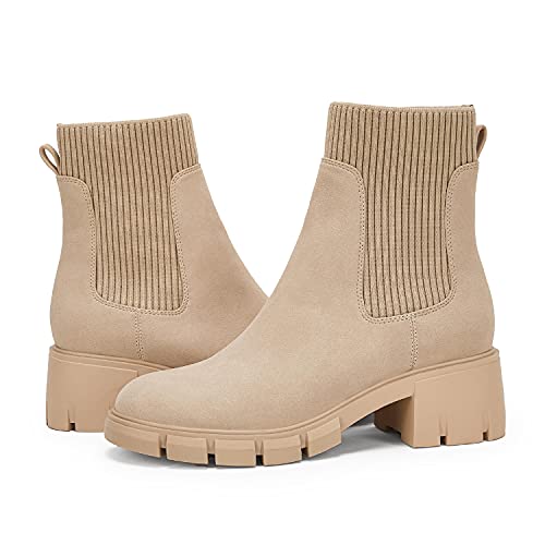Ruanyu Womens Platform Ankle Boots Elastic Chunky Block Heel Chelsea Booties Lug Sole Non-Slip Combat Shoes