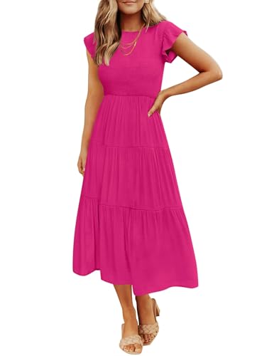 ZESICA Women's 2025 Summer Casual Flutter Short Sleeve Crew Neck Smocked Elastic Waist Tiered Midi Dress