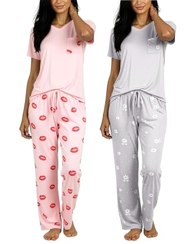 Real Essentials 2 Pack: Women's Comfy Pajama Sets - Short & Long Sleeve Ladies Loungewear Sleepwear PJs (Available In Plus)