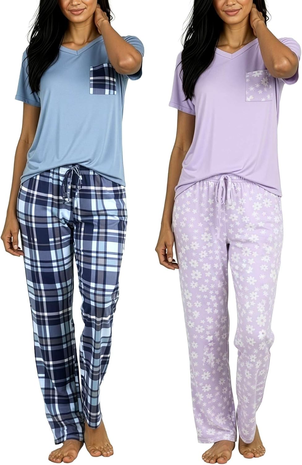 Real Essentials 2 Pack: Women's Comfy Pajama Sets - Short & Long Sleeve Ladies Loungewear Sleepwear PJs (Available In Plus)