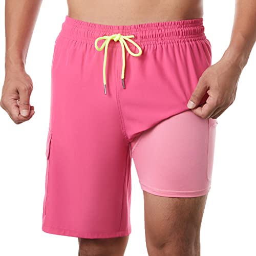 BRISIRA Mens Swim Trunks Bathing Suit 9 Inch Inseam Compression Liner Beach Long Board Shorts Swimsuit Anti-Chafe Quick Dry