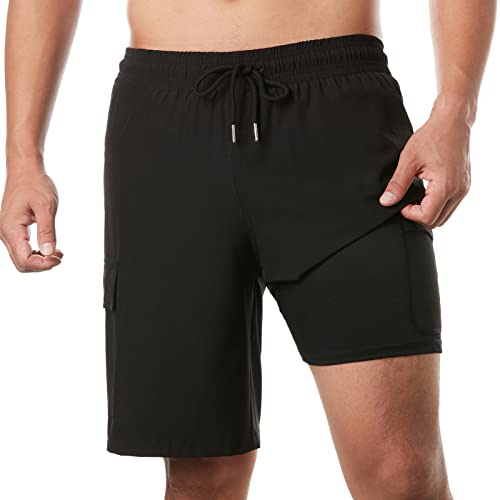 BRISIRA Mens Swim Trunks Bathing Suit 9 Inch Inseam Compression Liner Beach Long Board Shorts Swimsuit Anti-Chafe Quick Dry