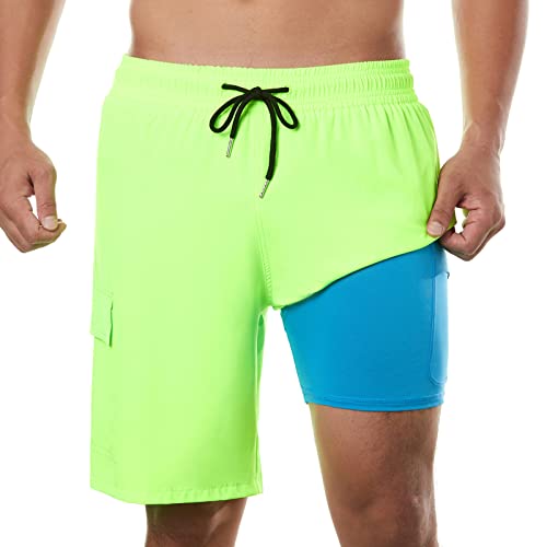 BRISIRA Mens Swim Trunks Bathing Suit 9 Inch Inseam Compression Liner Beach Long Board Shorts Swimsuit Anti-Chafe Quick Dry