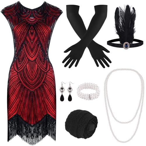 PLULON 1920s Sequin Fringed Flapper Dress
