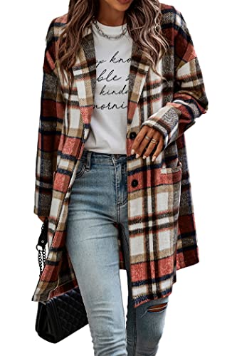 PRETTYGARDEN Women Plaid Shacket Jacket Trendy Fall Casual Button Wool Blend Tartan Trench Coat Winter Clothing with Pockets