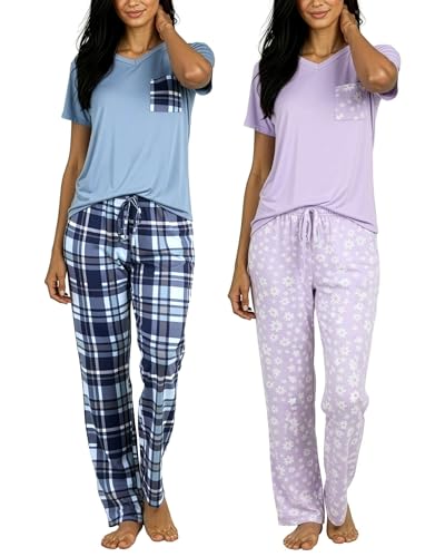Real Essentials 2 Pack: Women's Comfy Pajama Sets - Short & Long Sleeve Ladies Loungewear Sleepwear PJs (Available In Plus)