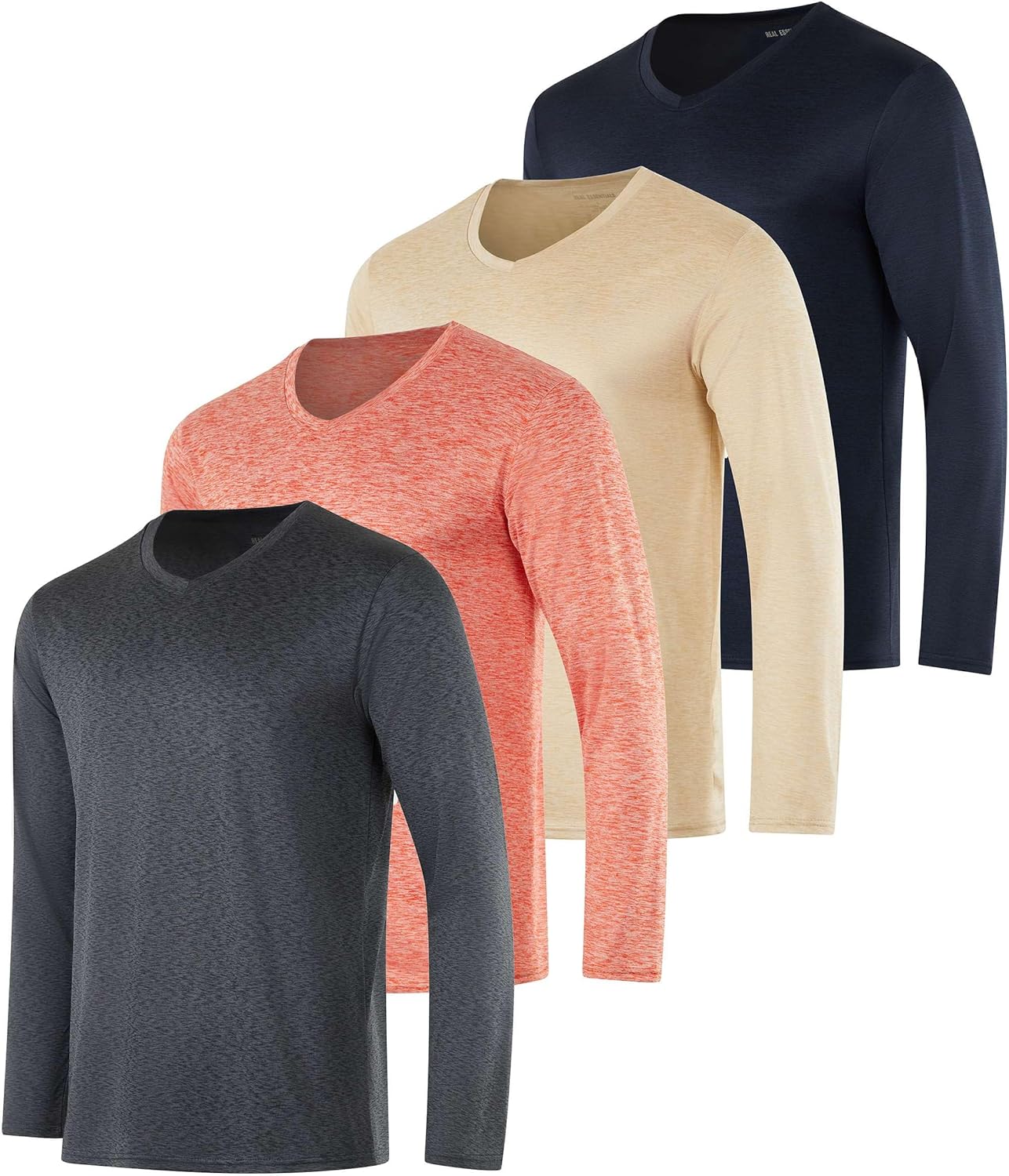 Real Essentials 4 Pack: Men's Dry Fit Long Sleeve V-Neck Active T-Shirt - Athletic Outdoor UPF 50+ (Available in Big & Tall)