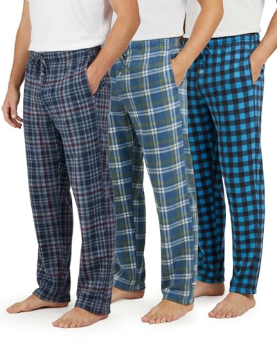 Real Essentials 3 Pack: Men's Fleece Pajama Pants Loungewear Soft Pj Bottoms Sleepwear Pockets (Big & Tall Available)