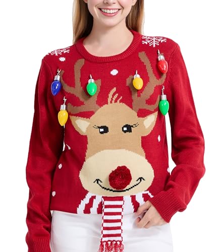 Women's Christmas Reindeer Traditional Knitted Holiday Ugly Sweater Girl Pullover Cardigan