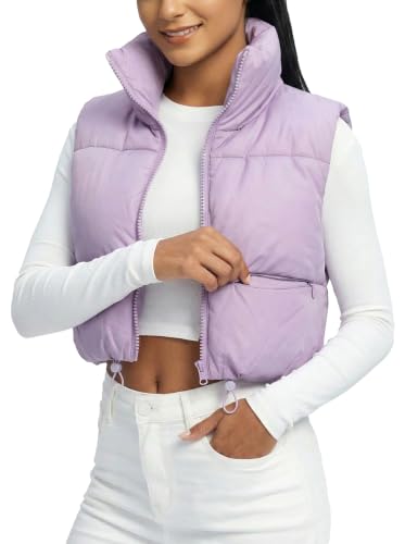 Fuinloth Women's Padded Vest, High Stand Collar Lightweight Zip Crop Puffer Gilet