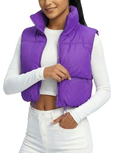 Fuinloth Women's Padded Vest, High Stand Collar Lightweight Zip Crop Puffer Gilet