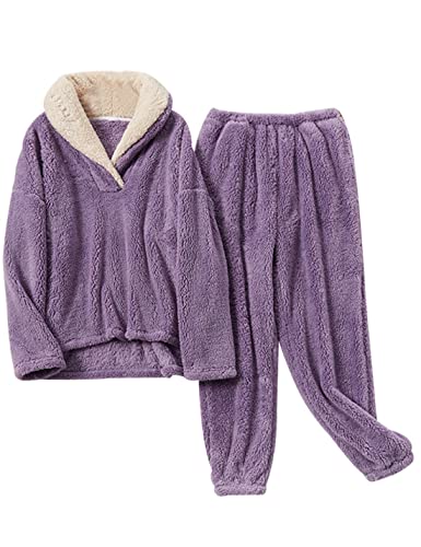 Hooever Women's Fluzzy Sherpa Fleece Pajamas Warm Pullover Lapel Sleepwear Sets