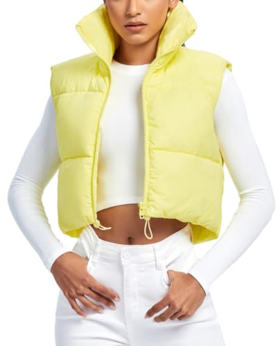 Fuinloth Women's Padded Vest, High Stand Collar Lightweight Zip Crop Puffer Gilet