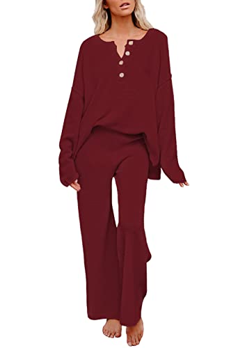 Pink Queen Women's 2 Piece Fall Outfit Lounge Set Long Sleeve Button Pullover Sweater Matching Wide Leg Pants Knit Sweatsuit