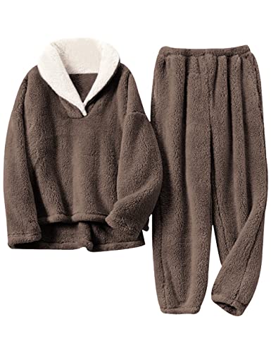 Yeokou Women's Fleece Pajamas Sets Fluffy Sleepwear Warm Sherpa Pullover Pants with Pockets