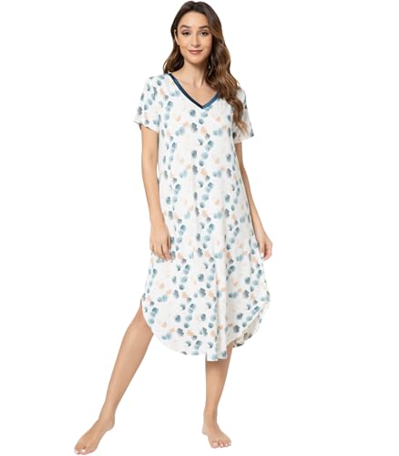 NACHILA Nightgowns for Women-Viscose Made from Bamboo, V Neck Sleepshirts Short Sleeve Sleepwear Cool Nightshirt
