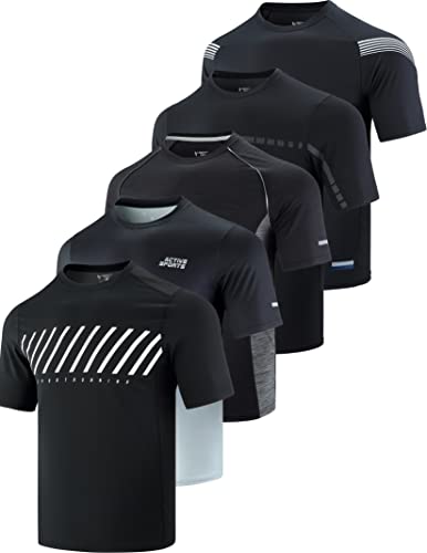 5 Pack Mens Active Quick Dry Crew Neck T Shirts | Athletic Running Gym Workout Short Sleeve Tee Tops Bulk