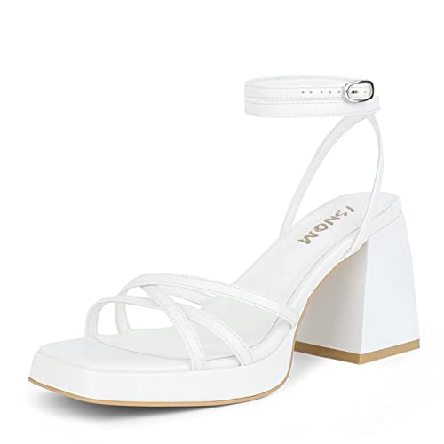 ISNOM Platform Heels for Women Comfortable Strappy Heels Short Block Chunky Sandals Ankle Strap Simple Summer Heeled Sandals Square Open Toe for Wedding Work Party Dressy Prom