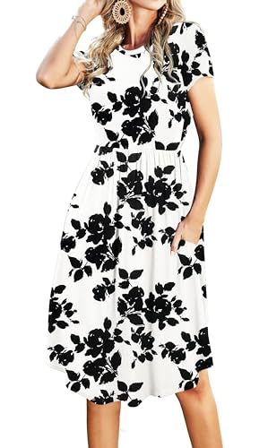 Simier Fariry Womens Summer Pocket Knee Length Teacher Casual Dress Knit Fit Flare Short Sleeve Midi Work Travel Outfits