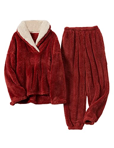 Yeokou Women's Fleece Pajamas Sets Fluffy Sleepwear Warm Sherpa Pullover Pants with Pockets