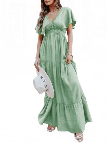 Amegoya Women's Casual Short Sleeve V Neck Floral Maxi Dresses Boho Beach Photoshoot Flowy Ruffle Long Dress