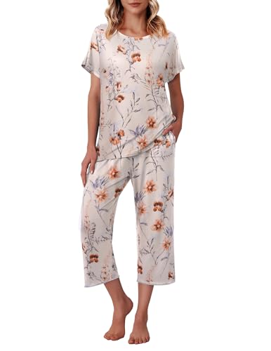 Ekouaer Women's Capri Pajama Sets Floral Print Short Sleeve Sleepwear Top and Capri Pants 2 Piece Loungewear with Pockets