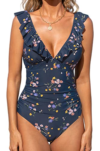 CUPSHE Women's Ruffled One Piece Swimsuit V Neck Lace Up