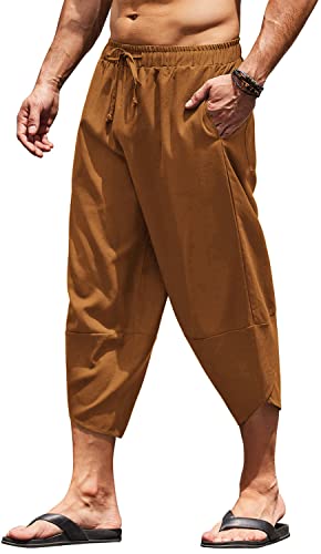 COOFANDY Men's Linen Harem Capri Pants Lightweight Loose 3/4 Shorts Drawstring Elastic Waist Casual Beach Boho Yoga Trousers